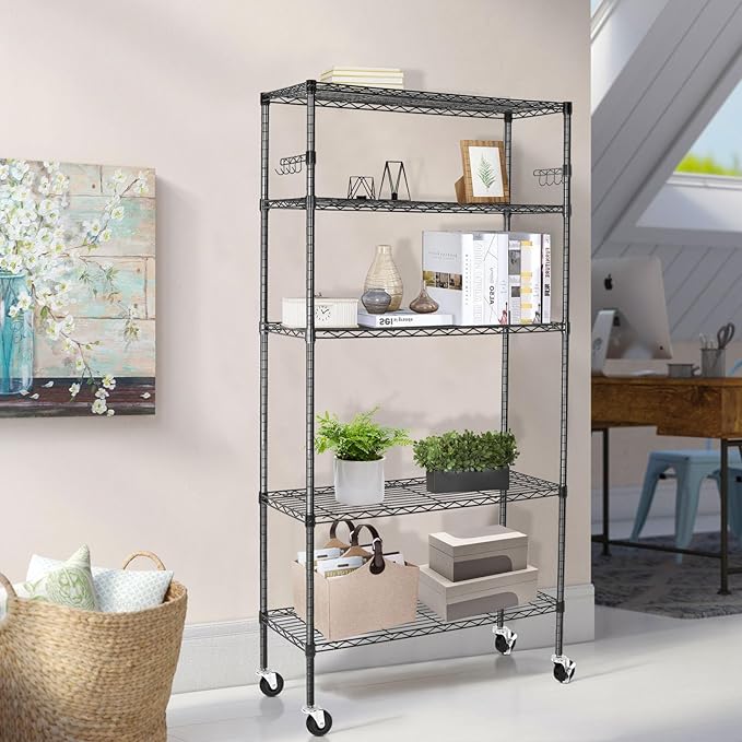 5 Tier Storage Shelves with Wheels, 1750lbs Capacity Heavy Duty Shelving Units, 14x36x75inch Adjustable Metal Shelf Wire Shelving Rack for Garage, Kitchen, Office, Black