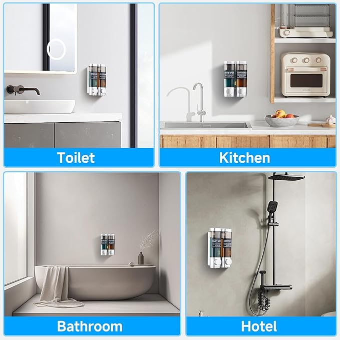 Shampoo and Conditioner Dispenser,GlintGath Shower Dispenser 2 Chamber No Drill Shampoo Dispenser for Shower Wall Mounted Shower Soap Dispenser for Bathroom Hotel,2 * 300ML,Silver