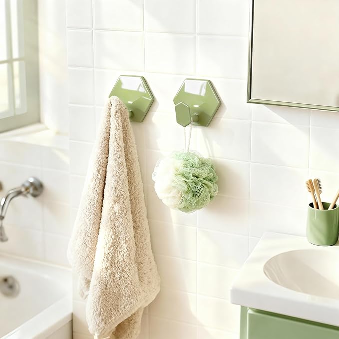 Tindbea Adhesive Towel Hooks Heavy Duty Wall Hooks Waterproof Stainless Steel Shower Rack for Coat, Key, Hat, Robe, Clothes, Picture Hanging Towel Hooks for Bathrooms Kitchen Door (4-Pack, Green)