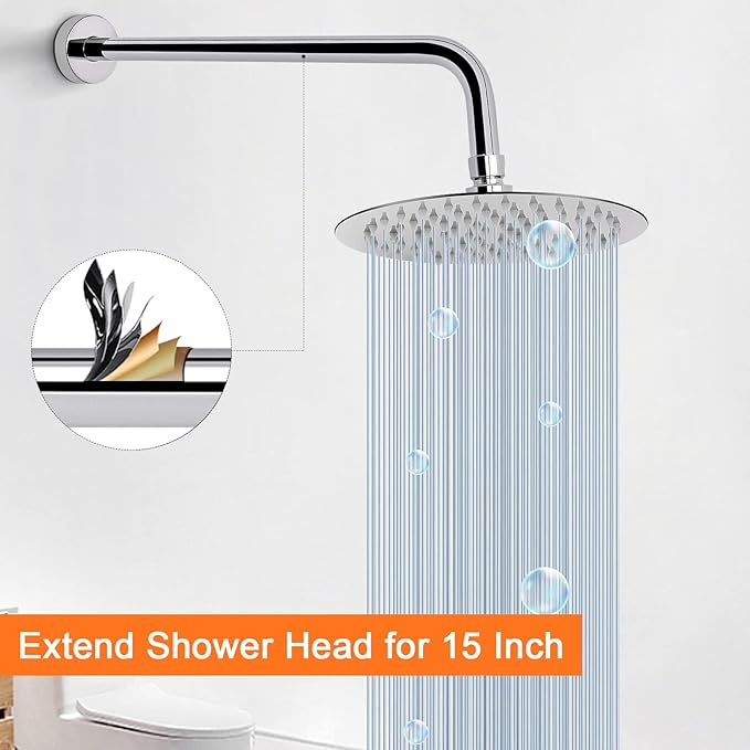 HarJue Shower Arm with Flange and Teflon Tape, Wall Mounted Shower Pipe 304 Stainless Steel Extension Arm for Fixed Shower Head & Handheld (15 Inch, Chrome)