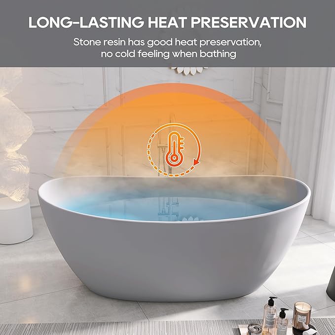SJ STAR&JANE 65" Solid Surface Freestanding Bathtub Stone Resin Soaking Tub Light Gray Double Slippers Stand Alone Oval Tub with Pop-up Drain and Overflow for Bathroom