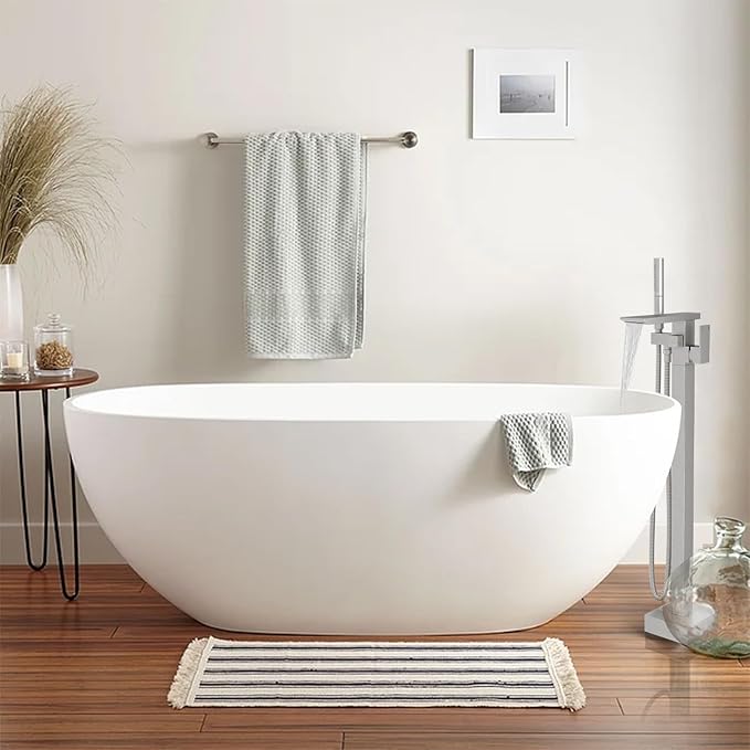 RUMOSE Brushed Nickel Bathtub Filler Freestanding Tub Filler Floor Mount Tub Faucet Waterfall Bathtub Faucet with CUPC Certified High Flow Brass Bath Shower Faucets with Handheld Sprayer