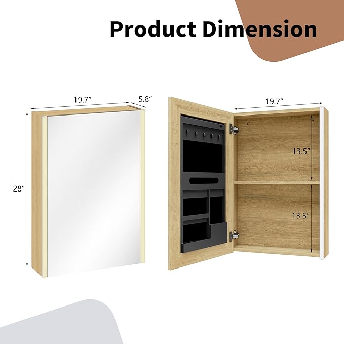 Lighted Bathroom Medicine Cabinet with Mirror，20 x 28 Inch Wall-Mounted Bathroom Wall Cabinet with Storage, LED Lights, Adjustable Shelves,Natural