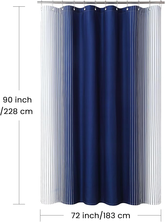 90 Inch Blue Shower Curtain, Extra Long Modern Navy Blue and White Gradient Vertical Stripe Waterproof Polyester Shower Curtains for Bathroom, 72x90 Inches
