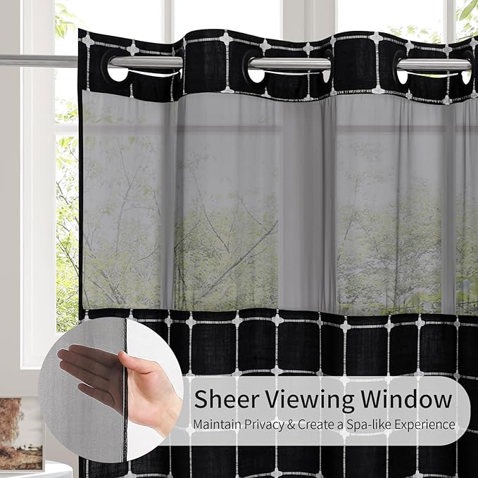 No Hooks Required Farmhouse Shower Curtain with Snap-in Liner - with Window & Magnets, Boho Cotton Linen Fabric Shower Curtains with Tassels for Rustic Bathroom Decor, Black and White, 72 x 74