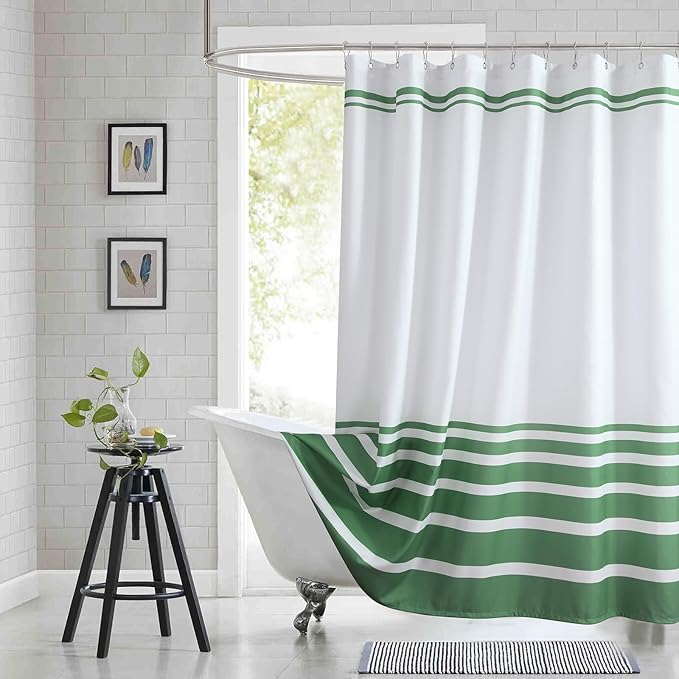 Extra Long Green and White Striped Shower Curtain 72x84 Inches, Waterproof Fabric with Modern Gradient Lines, 12 Rustproof Grommets & Weighted Hem