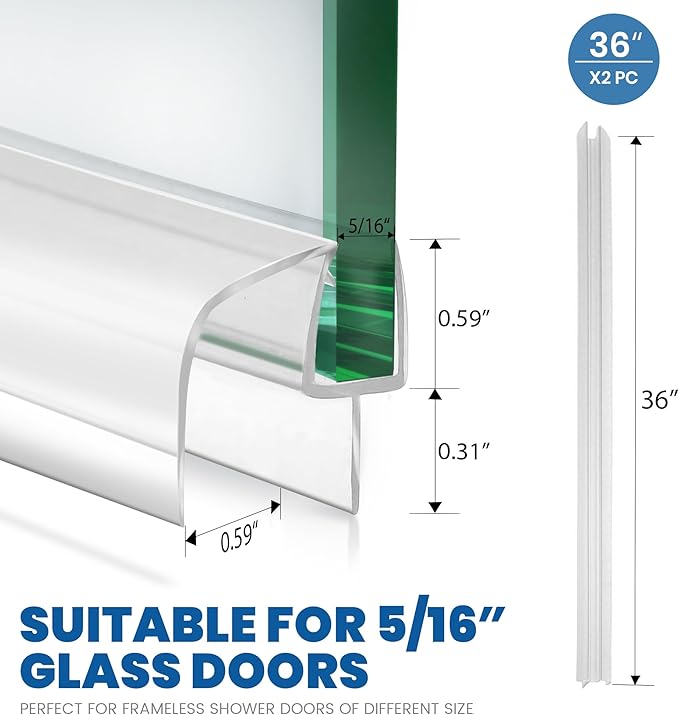 2-Pack Shower Glass Door Bottom Seal Strip,36 Inch Long Clear PVC Seal Strips for 5/16"(8mm) Thick Framless Glass Door Panel, Stop Leaks and Create a Water Barrier