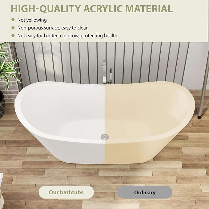 67 Inch Acrylic Freestanding Soaking Bathtub - Mocoloo Contemporary Soaking White Tub Stand Alone Bathtub with Overflow and Drain