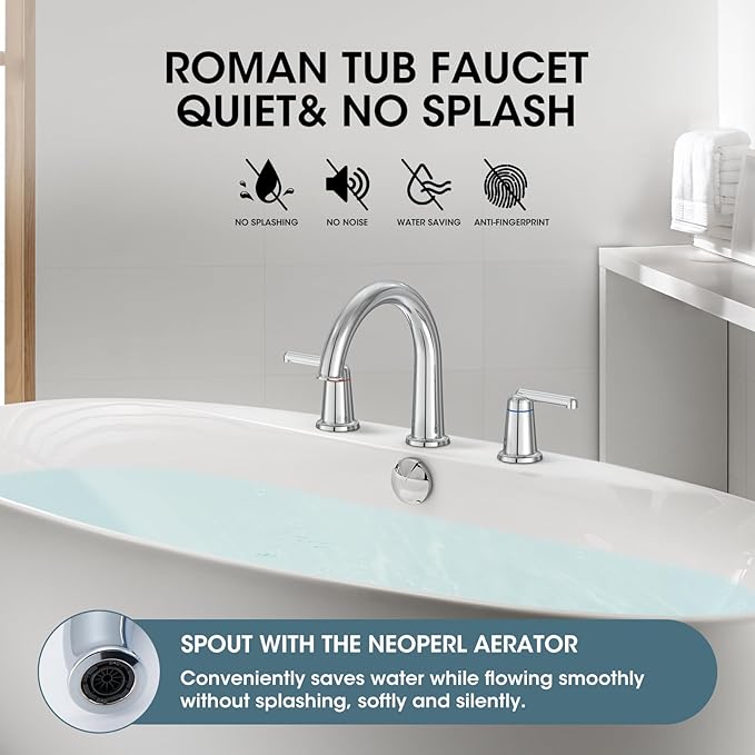 High Flow Roman Tub Faucet with Valve, Widespread Solid Brass 3 Hole Bathtub Faucet, 2 Handle Deck Mount Bath Tub Filler with Supply Water Hoses, Polished Chrome