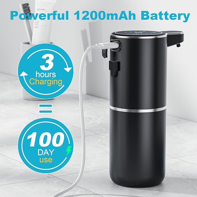 Automatic Soap Dispenser Touchless, 4-Level Adjustable 1200mAh, 12.8oz/380ml Wall or Countertop Mounted, Modern Electric Hand Soap Dispenser for Kitchen, Bathroom, Kids & Family - Black