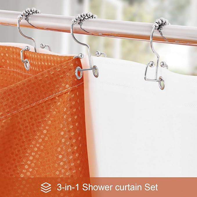 3 in 1 Extra Long Burnt Orange Shower Curtain Set-72 W x 84 H, Modern Waffle and PEVA Liner Set with 12 Stainless Steel Hooks, Waterproof Fabric for Bathroom