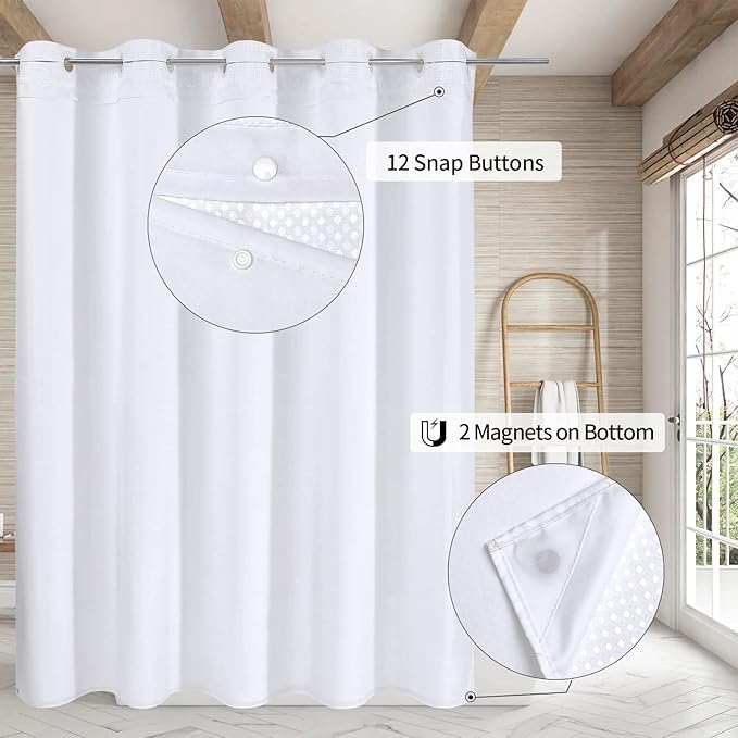 MitoVilla White Waffle Long Shower Curtain Liner Set 72 x 80, No Hooks Needed 80 inch Long Heavyweight Fabric Shower Curtain Set with Snap-in Liner for Hotel Grade Spa-Like Bathroom Decor