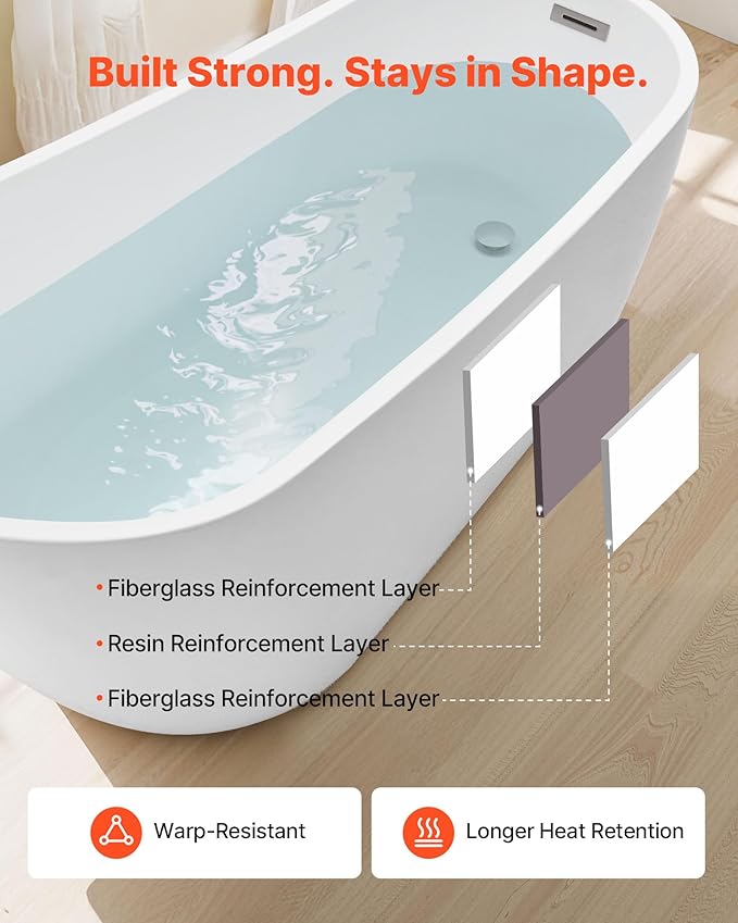 VEVOR Acrylic Freestanding Bathtub, 67 Inch Contemporary Soaking White Tub with Brushed Nickel Overflow and Drain, Elegant Oval Shape Stand Alone Soaker Bathtub for Modern Bathroom or Remodel Project