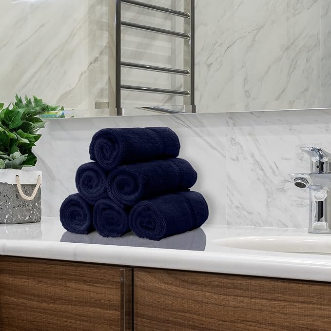 Monogrammed Hand Towel, Personalized Initial Gift, Extra Absorbent 100% Turkish Cotton - Soft Terry Finish - Set of 2 - White Block Initial J - Embroidered on Navy Blue Towels