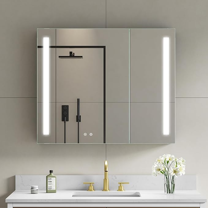 WELLFOR 36" X 30" LED Medicine Cabinet with Mirror, Double Opening Door, Recessed or Surface Cabinet Mirror, Bathroom Mirror Cabinet, Medicine Cabinet with Lights with Outlets & USB Ports