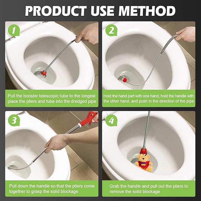 69 Inch Toilet Auger Snake with 4 Claw Grabber Fits Pipes 1.6 Inches or Larger Flexible Drain Cleaning Tool for Toilets