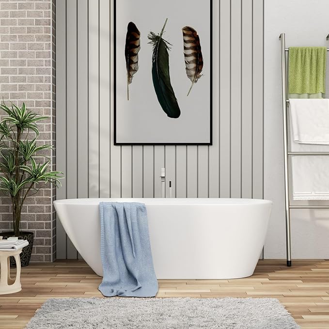 Mocoloo 67" Acrylic Freestanding Bathtub Contemporary Soaking White Bath Tub with Gold Overflow and Drain