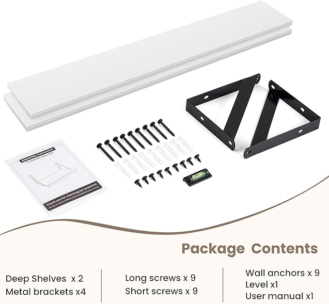 Dreamland Deep Floating Shelves for Wall, 48W x 8D Wall Mounted Shelves Set of 2, Wide Display Ledge Shelf with Sturdy Metal Brackets for Living Room, Bathroom, Bedroom and Kitchen, White