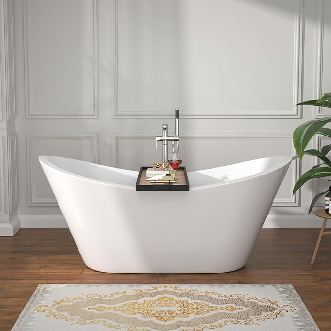 59" Freestanding Acrylic Bathtub – White Double Slipper Soaking Tub with Chrome Drain & Overflow, Glossy Finish for Modern Bathrooms #YSB9210