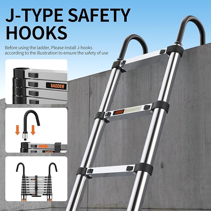 Telescoping Ladder,with Stable Hook and stabilizer barand,10.5 FT Extension Ladder, Heavy Duty 330lbs Max Capacity, Multi-Purpose Collapsible Ladder for RV or Outdoor Work (3.2M/10.5FT)