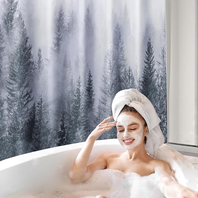 ORTIGIA Grey Shower Curtain for Bathroom, Misty Forest Shower Curtain Set with Rustproof Hooks, Decorative Pine Tree Fog Magic Bath Curtain for Home, Waterproof Fabric, Weighted, 72x72