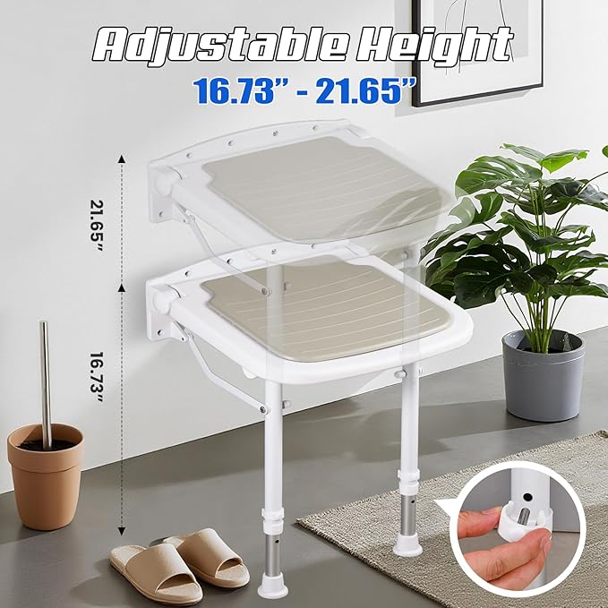 NEWTRY Wall Mounted Shower Seats with Bathroom Grab Bar, 550lb Support Adjustable Height 15.3" Foldable Shower Chair, Fold Down Shower Seat + Smart Suction Cup Handrail for Home Care & Bathroom
