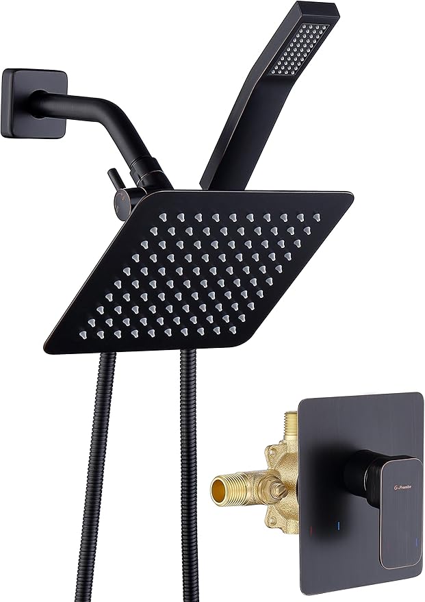 All Metal Shower Faucet Set, Dual Square Shower Head System with Handheld Wand, Diverter, Hose Complete Combo, Pressure Balance Rough-in Valve Included (Oil Rubbed Bronze）