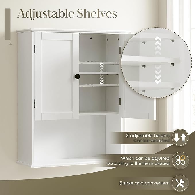 Bathroom Wall Cabinet, White 30" x 24" Wood Wall Mounted Medicine Cabinet, Hanging Cabinet Over Toilet Storage Adjustable Shelves Cupboard with Large Space for Laundry Room, Bedroom Kitchen