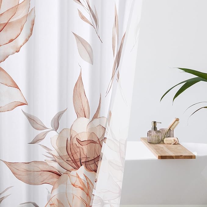 Long Boho Watercolor Floral Shower Curtain 72 x 78, Orange and Grey Ink Painting Style Flower Shower Curtains for Chic Elegant Bathroom, Artistic 78 Inch Long Fabric Shower Curtain