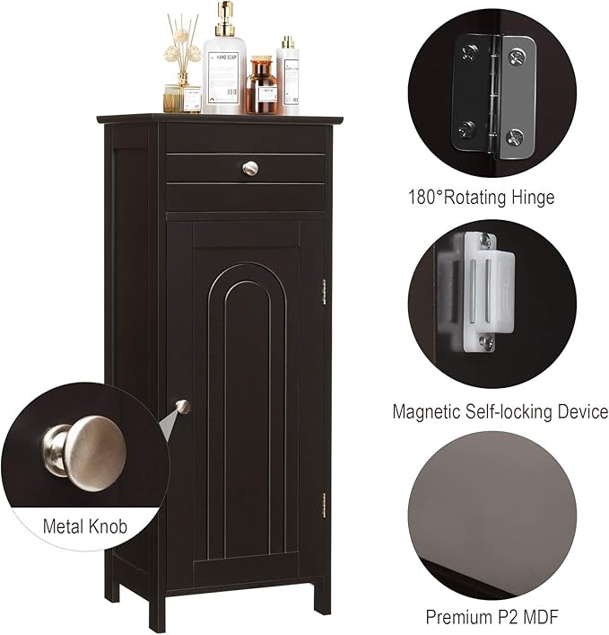 DORTALA Bathroom Floor Cabinet, Free-Standing Wooden Floor Storage Cabinet w/Large Drawer & 2 Adjustable Shelves, Morden Side Storage Bathroom Organizer Cabinet for Living Room, Brown