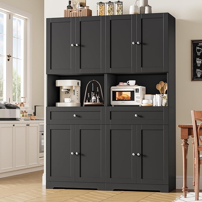 HIFIT Tall Bathroom Storage Cabinets, Modern Linen Storage Cabinet with 4 Doors & Shelves & Drawer, 67" H Tall Storage Cabinet Freestanding for Bathroom, Living Room, Kitchen & Dining, Pantry, Black