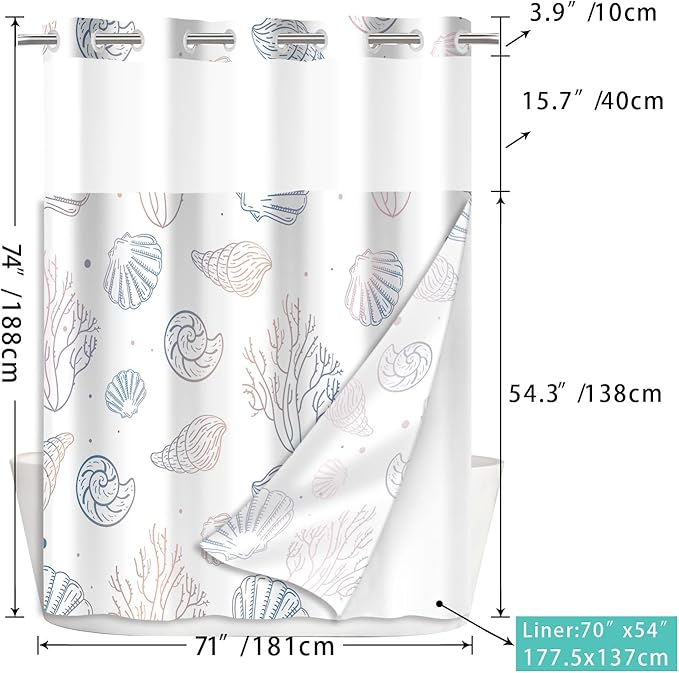 No Hook Shower Curtain Set with Snap in Fabric Liner for Bathroom,with See Through Top Window,Double Shower Curtain with Detachable Liner Replacement,Machine Washable,Ocean Shell,71"x 74"