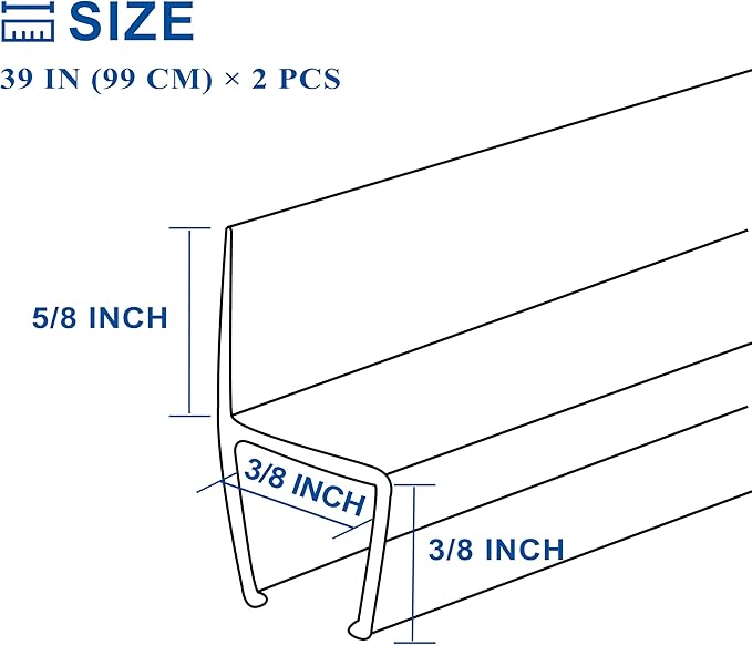 Frameless Shower Door Seal Strip 2 Pack x 39 Inch H for 3/8" Thick Glass Shower Door Side Seal Strip Bottom Seal Door Sweep Ultra Clear Polycarbonate, Stop Shower Leaks Create A Water Barrier