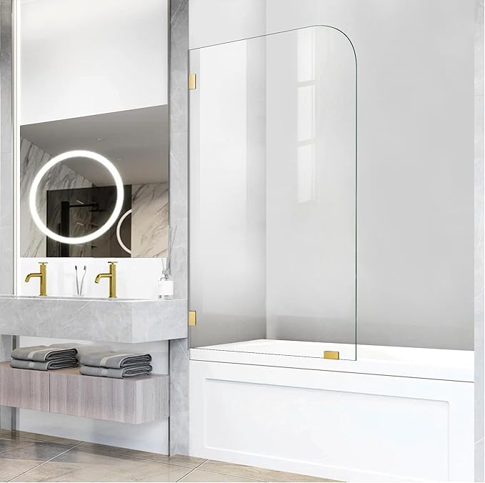 Frameless Bathtub Shower Door, 34" W X 58" H Single Fixed Bath Panel with Clamps, 1/4"(6mm) Clear Tempered Glass Bathroom Shower Screen, Bathtub Glass Panel in Brushed Gold