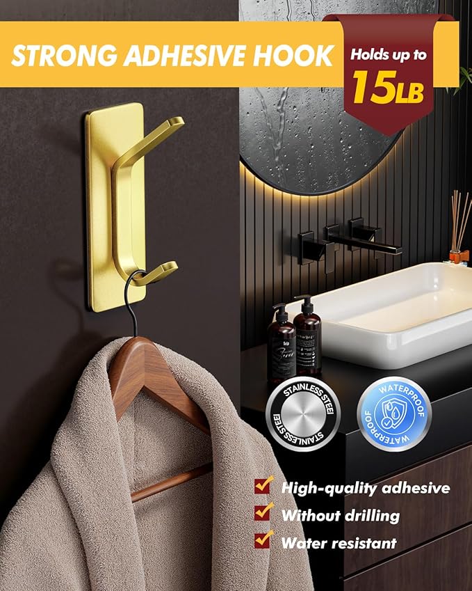 Auxmir 5 Pack Self Adhesive Hooks for Hanging 15lb, Wreath Hanger for Front Door, Stainless Steel Towel Hooks for Wall, Waterproof Rustproof Adehesive Coat Hooks for Bathroom Kitchen Office RV, Gold