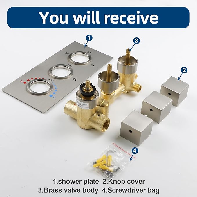 HOMEDEC Brushed Nickel 3 Way Shower Valve Thermostatic Anti-scald with 3 Square Knobs, Water Diverter Temperature Control Brass Rough-in Valve