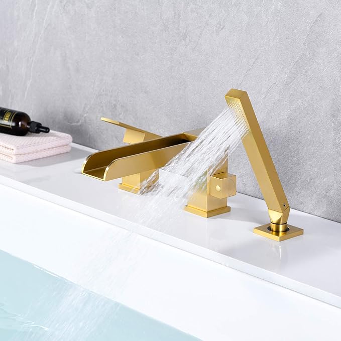 Waterfall Roman Tub Faucets Deck Mount Brushed Gold Bathtub Faucets Brass Tub Filler Bathroom Faucets with Hand Shower