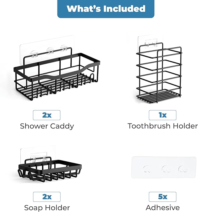 Fab Glass and Mirror 5-Pack Shower Caddy, Black - Shower Organizer & Shelves for Efficient Storage, Bathroom Caddy for Wall Organizer, Durable Wall Caddy