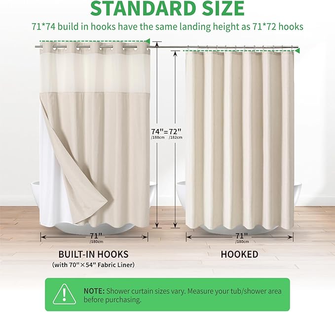 Boho Farmhouse No Hook Shower Curtain Set with Snap-in Fabric Liner,Heavy-Duty Linen Textured Rustic Striped Design,Water-Repellent with Tassels and Sheer Window,Cream/Beige,71x74