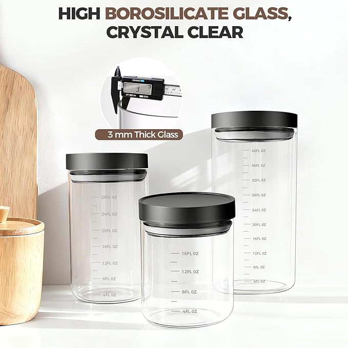 Danbark Set of 6 Mixed Sizes Airtight Glass Storage Canisters with Lids - Pantry Organizers and Storage Glass for Kitchen - for Pantry, Flour, Sugar, Coffee, Tea, Pasta, Rice, and Snacks - Black