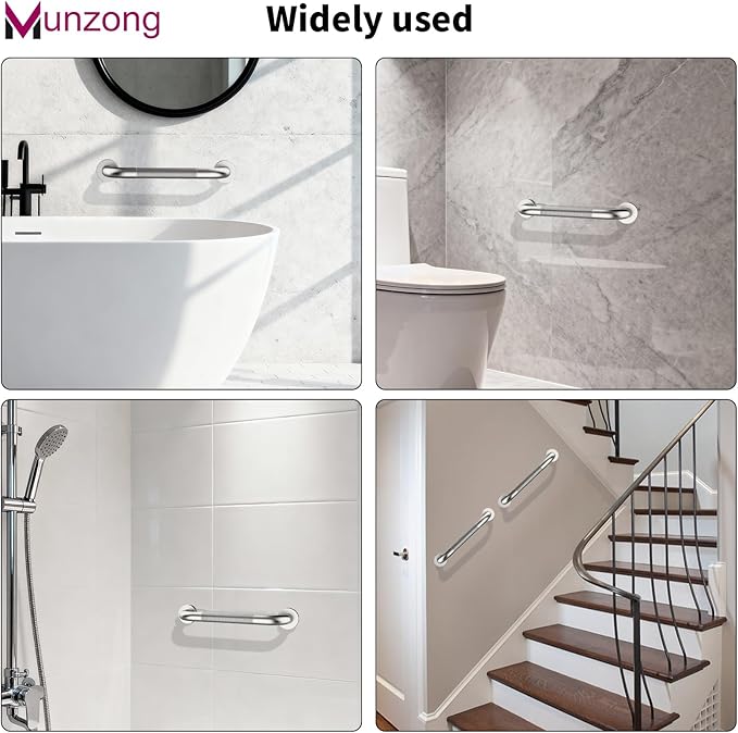 12 Inch Anti Slip Shower Safety Bars,Munzong 2 Pack Bathroom Grab Bars for Bathtubs and Showers,Brushed Nickel Knurled Handicap Balance Bar,Safety Hand Rail Support Elderly Senior Bath Handle