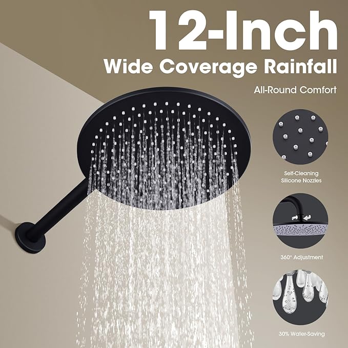 TRUSTMI 12 inch Round Bathroom Luxury Rain Mixer Combo Set Wall Mounted Rainfall Shower Head System Matte Black, (Contain Faucet Rough-in Valve Body and Trim)