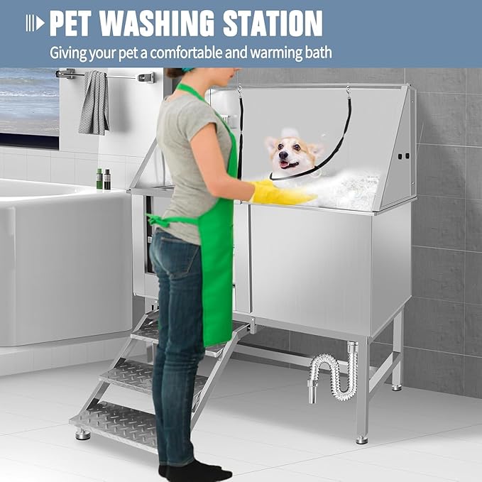 50" Professional Dog Wash Station, Stainless Steel Dog Grooming Tub for Large, Medium & Small Pets - with Anti-Slip Stairs, Drain & Door, Silver
