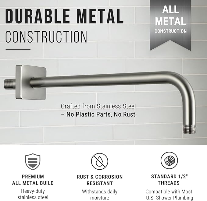 G-Promise All Metal 15.2-Inch Shower Arm with Flange, Wall-Mounted Stainless Steel 90 Degree Shower Extension Pipe Replacement for Fixed Shower Heads, Brushed Nickel