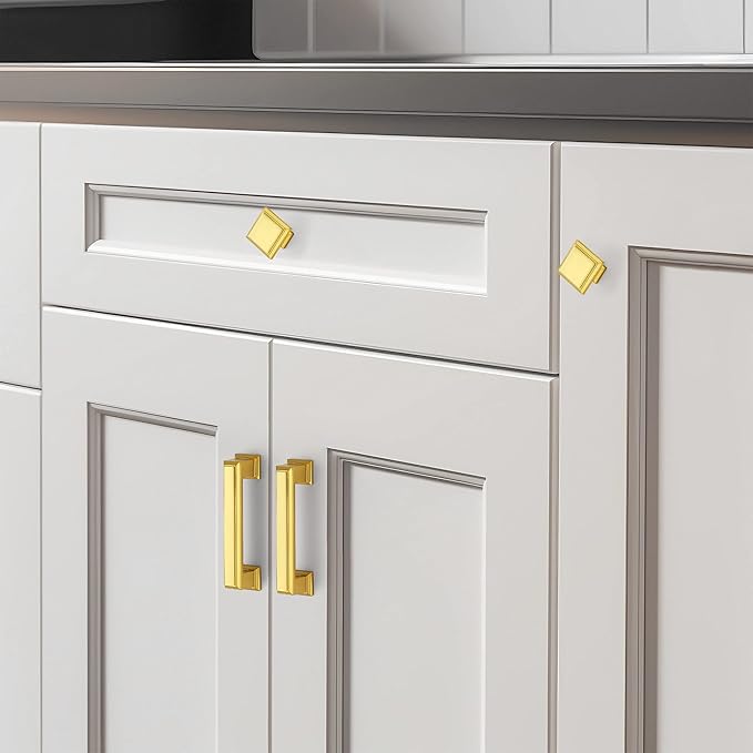 Ravinte Hardware 15 Pack Kitchen Cabinet Pulls Square Drawer Single Hole Handles Brushed Brass for Cupboard Gold Dresser Solid