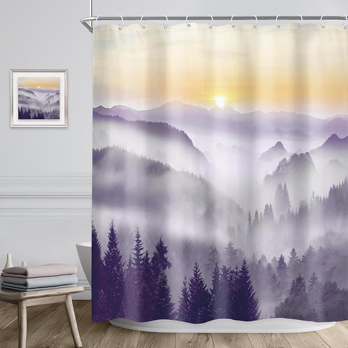 Riyidecor Misty Mountain Shower Curtain 60Wx72H Inch Purple Sunrise Nature Scenery Foggy Pine Tree Woodland Modern Rustic Natural Landscape Bathroom Decor Fabric Polyester Waterproof 12 Pack Hooks