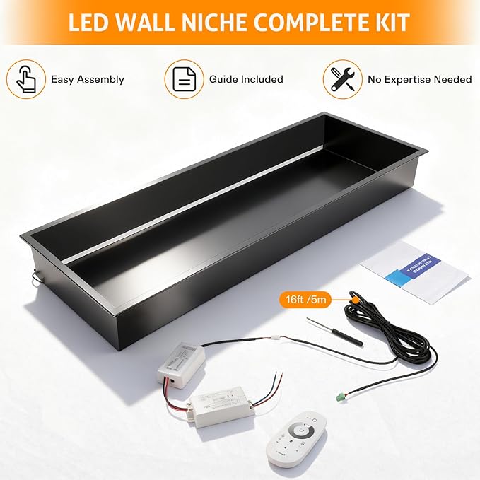 WICHEMI Stainless Steel Shower Niche 36" X 12", No Tile Needed Wall Niche with LED Light, Recessed Shower Shelf for Bathroom Storage Over Mount Installation, Matte Black
