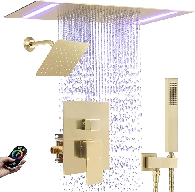 Rain Shower Head System with 14x20 Inch Ceiling Mount LED Head & 6 Inch Wall Head and Handheld Shower 3 Way Pressure Balance Valve Kit,Brushed Gold