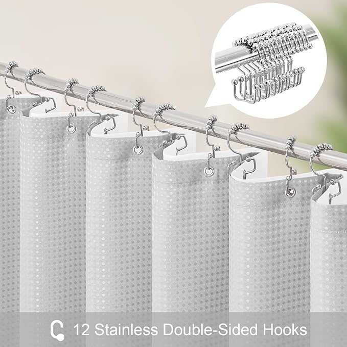 3 in 1 Long Light Grey Shower Curtain Set-72 W x 78 H, Modern Waffle and PEVA Liner Set with 12 Stainless Steel Hooks, Waterproof Fabric for Bathroom