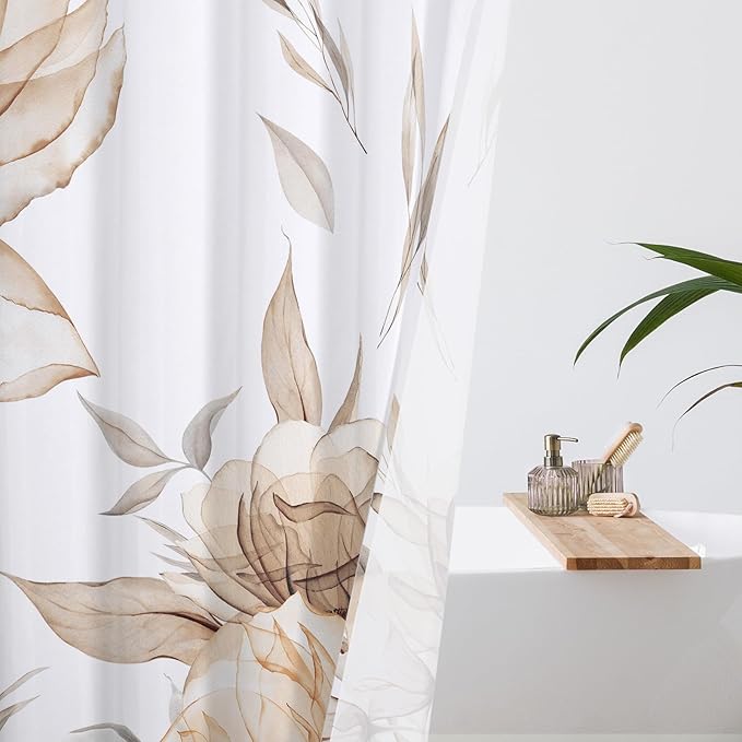 Long Boho Watercolor Floral Shower Curtain 72 x 78, Light Brown and Grey Ink Painting Style Flower Shower Curtains for Chic Elegant Bathroom, Artistic Tan 78 Inch Long Fabric Shower Curtain